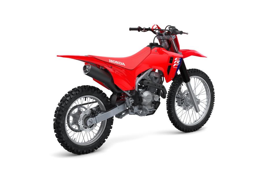 Red 2027 Honda CRF300F, rear three-quarter studio view