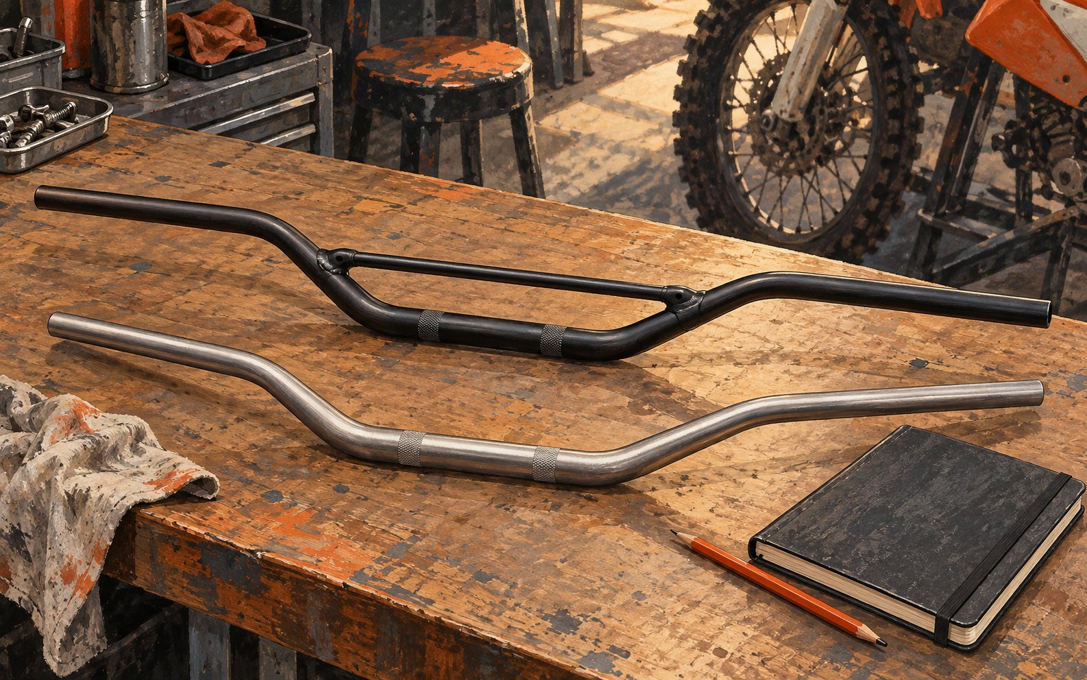 Two unbranded motorcycle handlebars, one braced and one unbraced, lie separately beside a notebook on a workshop bench.