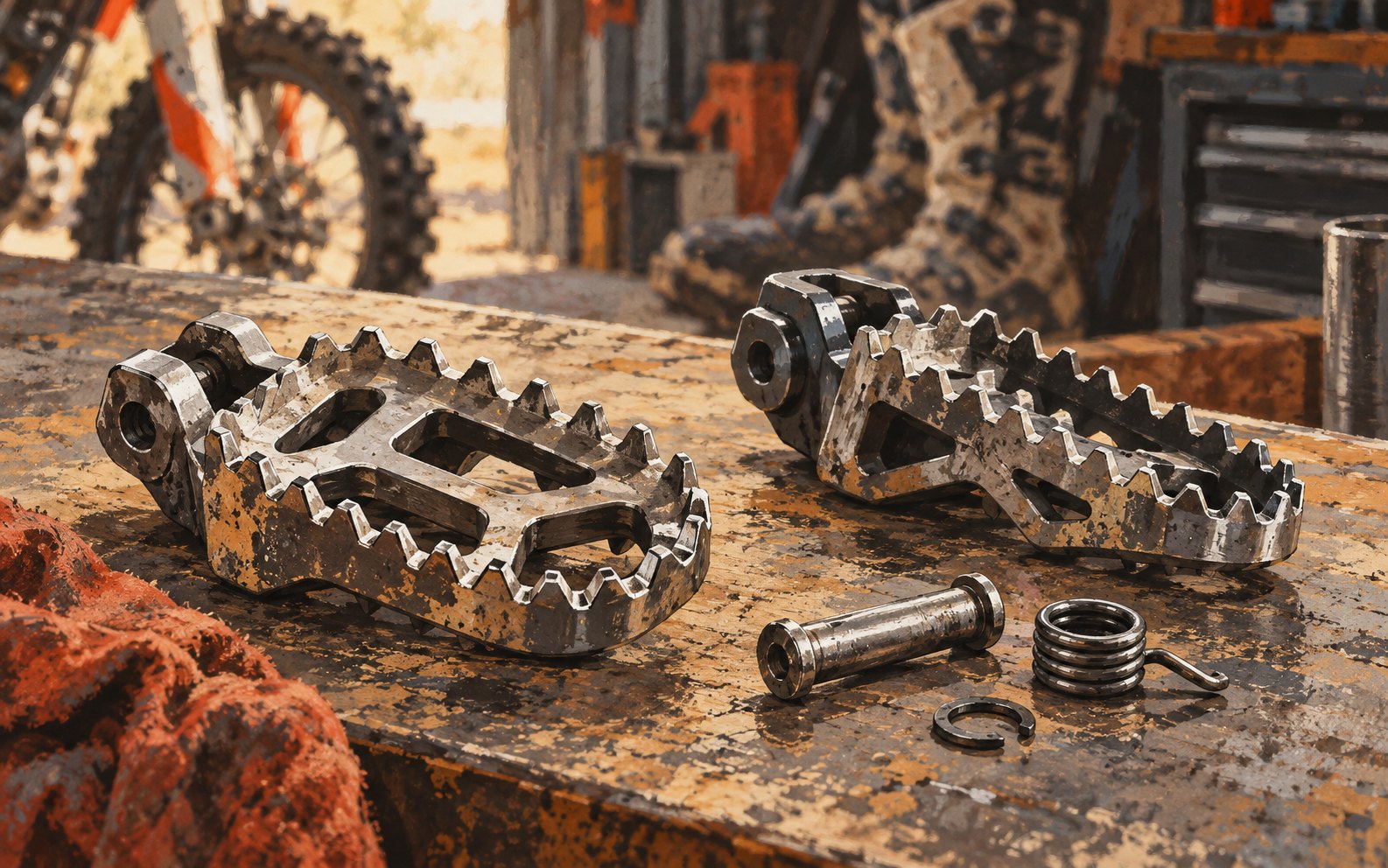 Two unbranded serrated motorcycle footpegs, a loose pivot pin and spring rest separately on a workshop bench.
