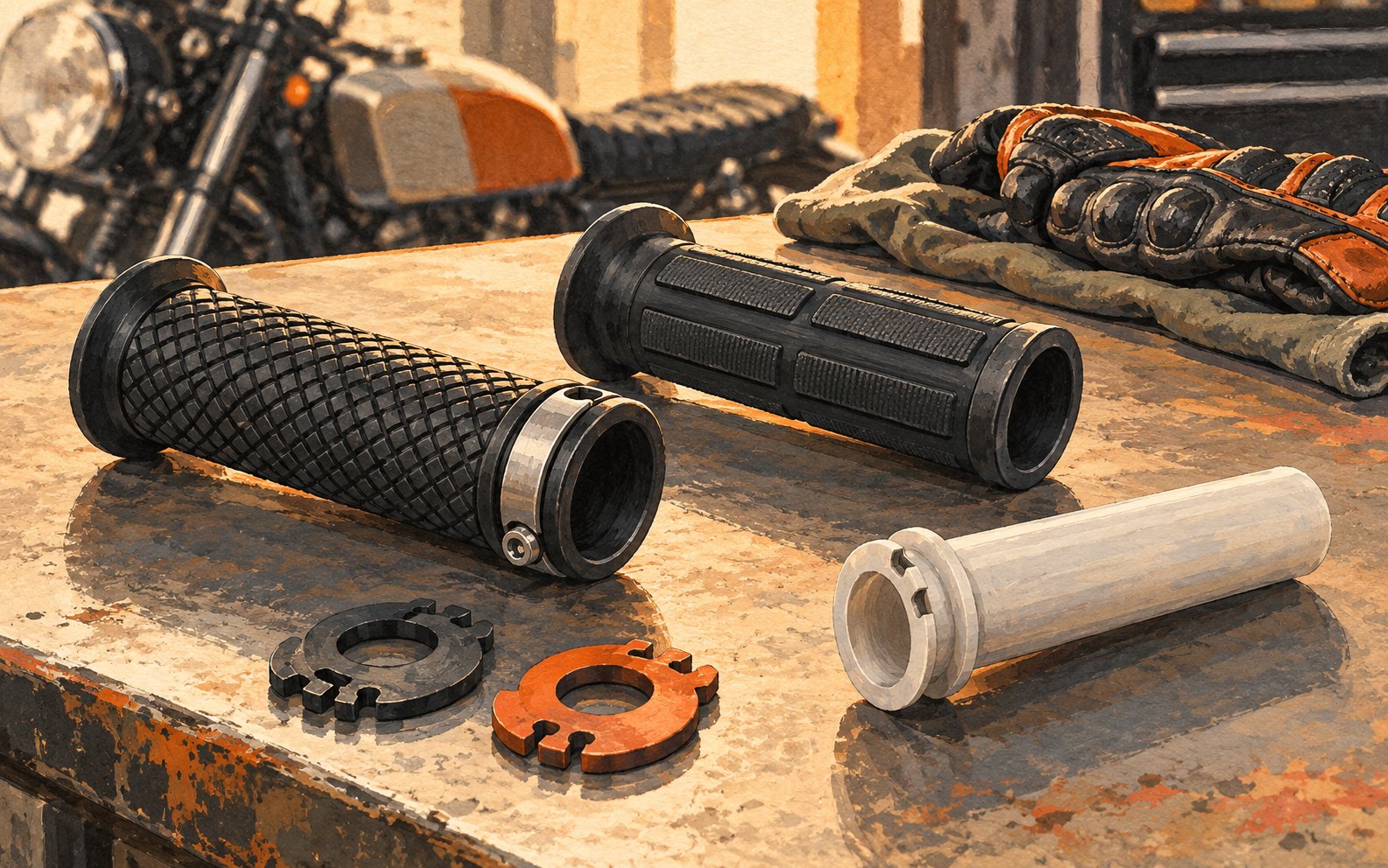 Conceptual rubber motorcycle grips, a separate throttle tube and two loose cam-shaped components sit on a workshop bench.