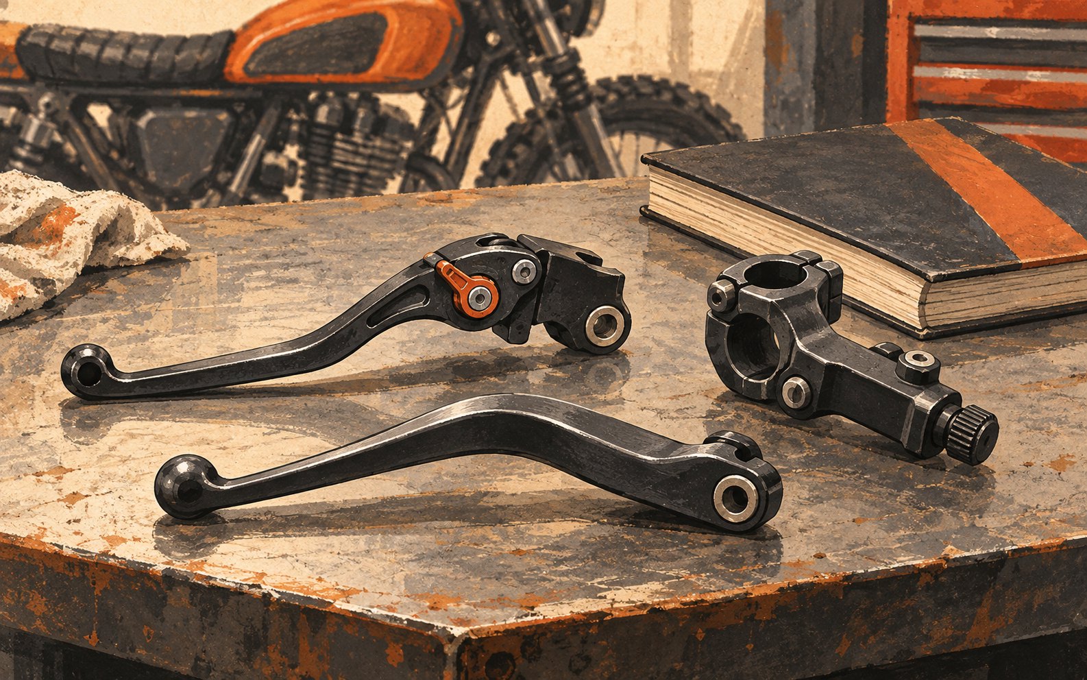 Two conceptual motorcycle hand levers and a separate clutch perch lie beside a closed service manual.