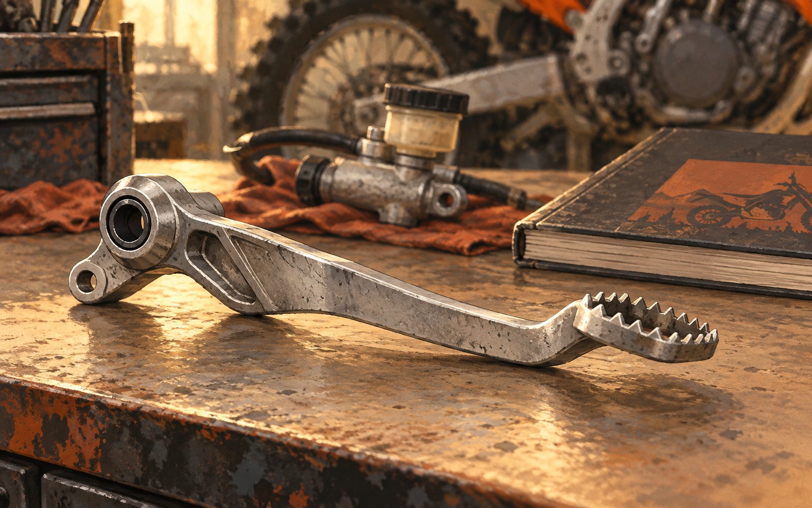 A conceptual rear brake pedal rests separately on a bench with a closed manual and an unfitted hydraulic component in the background.