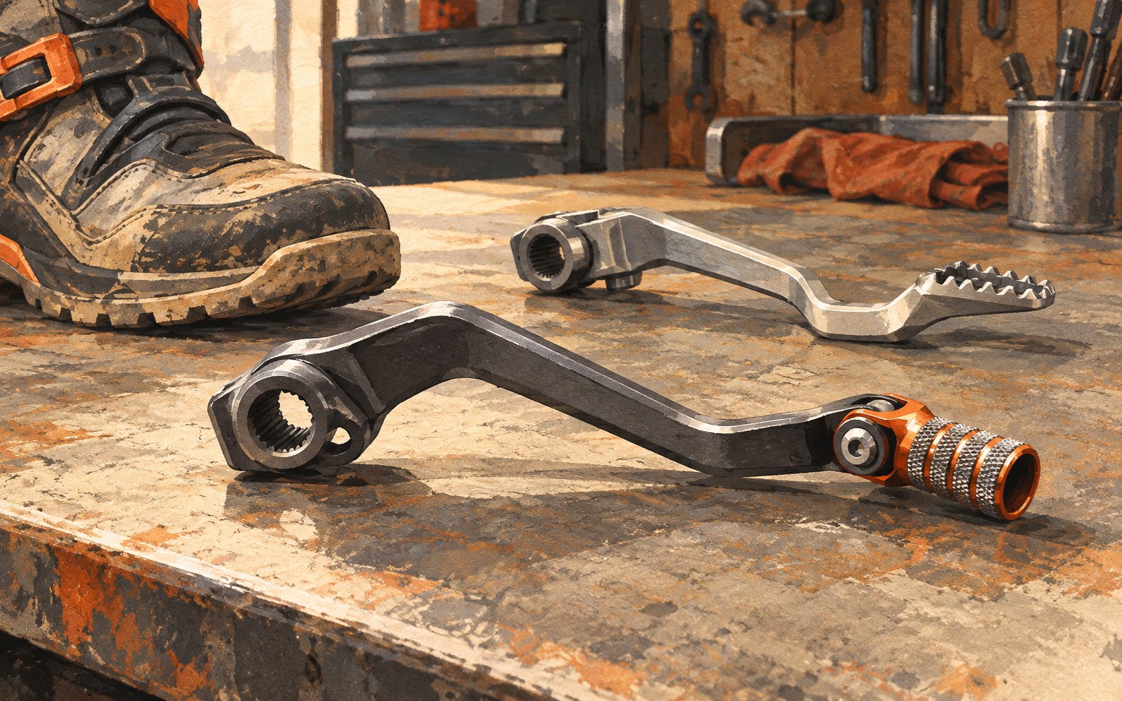 Conceptual motorcycle shift-control arms with splined mounting bores lie separately near an off-road boot toe.