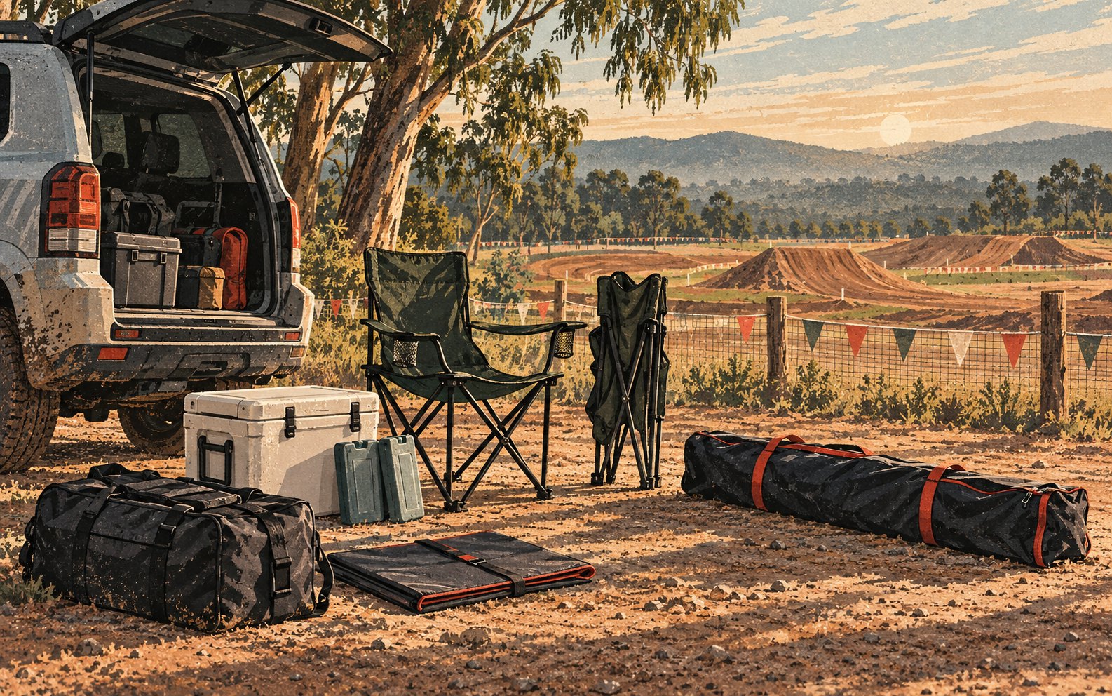 Illustrated chairs, a cooler, gear bag, changing mat and packed shade bag sit beside a quiet motocross paddock.