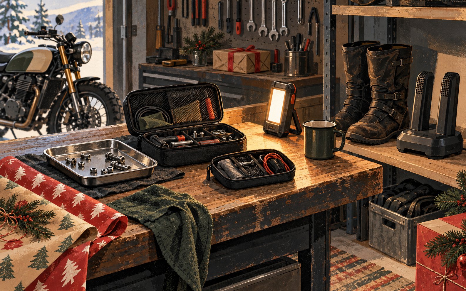 An illustrated garage workbench holds organizers, a parts tray and light, with boots and a generic dryer nearby.