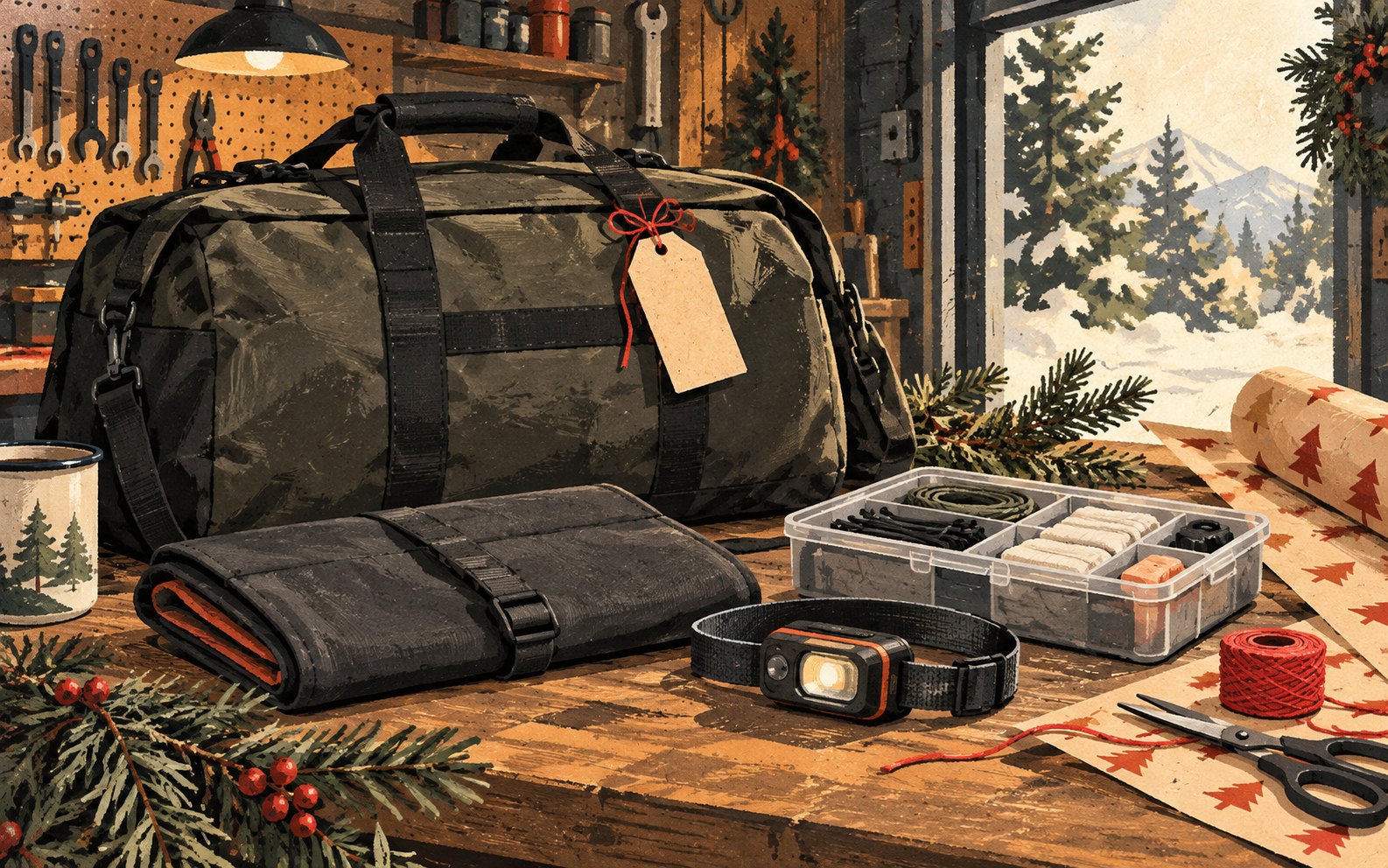 An illustrated duffle bag, changing mat, headlamp and organizer sit on a gift-wrapping workbench.