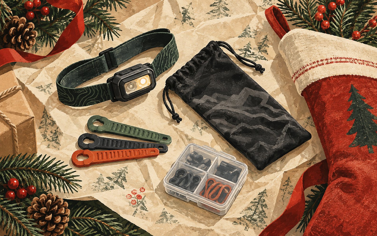 Illustrated small gift ideas include a headlamp, pouch, organizing ties and clear box beside a stocking.