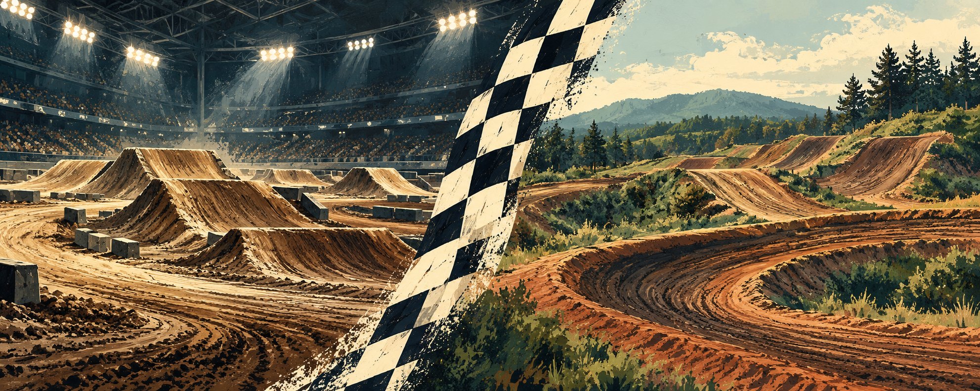 A conceptual illustration pairs an empty stadium supercross course with outdoor motocross terrain.
