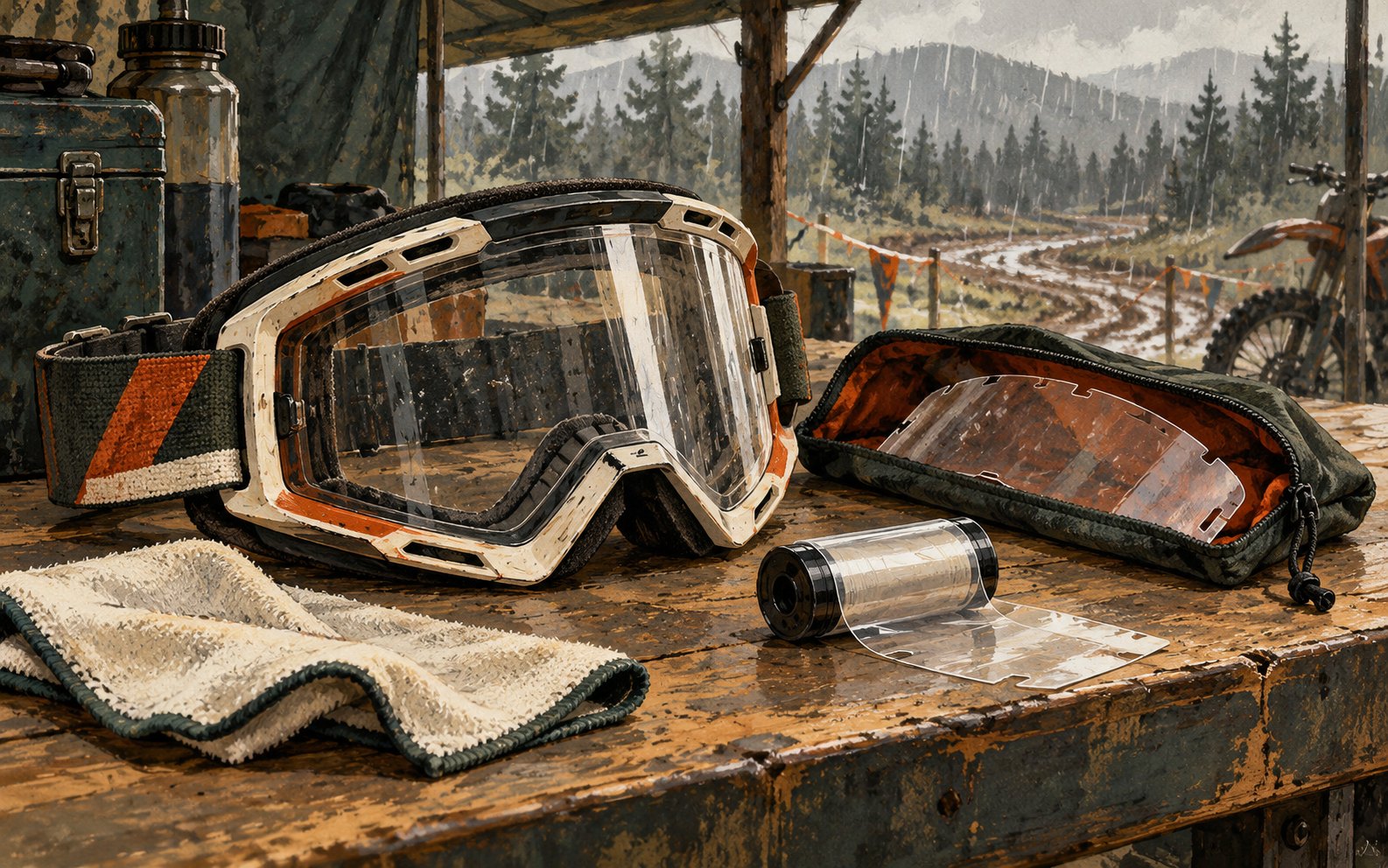Illustrated off-road goggles, a spare lens, film roll and cloth on a covered bench overlooking rain.