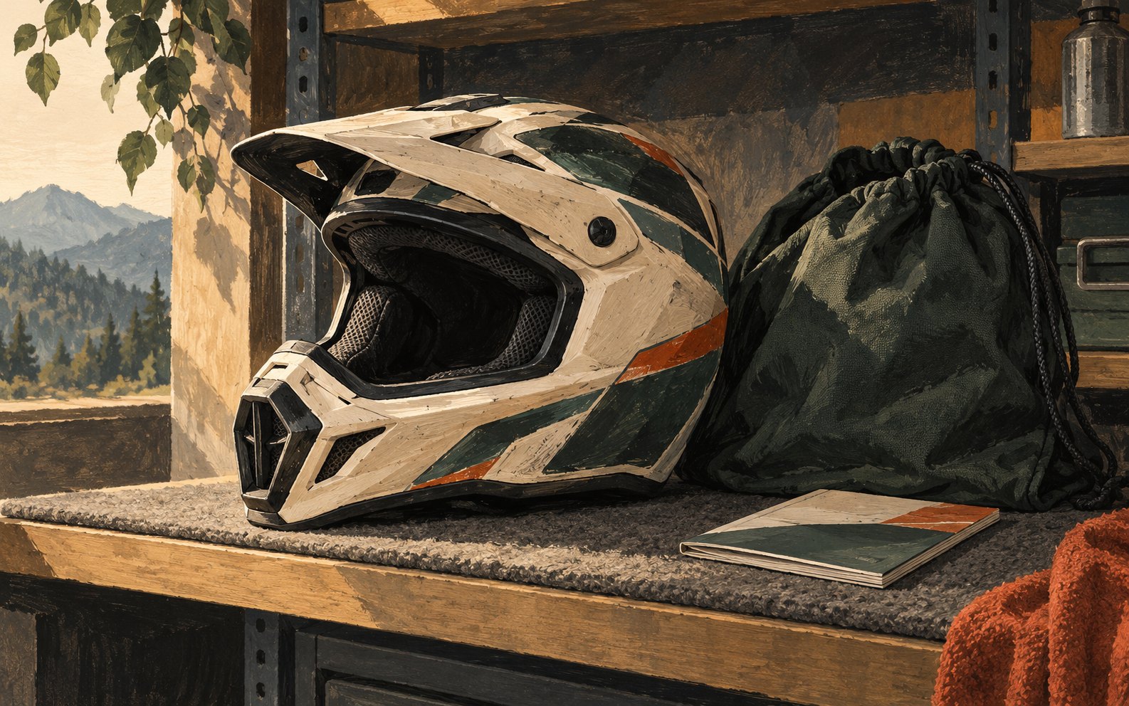 An illustrated full-face off-road helmet rests on a padded shelf beside a soft bag and closed booklet.