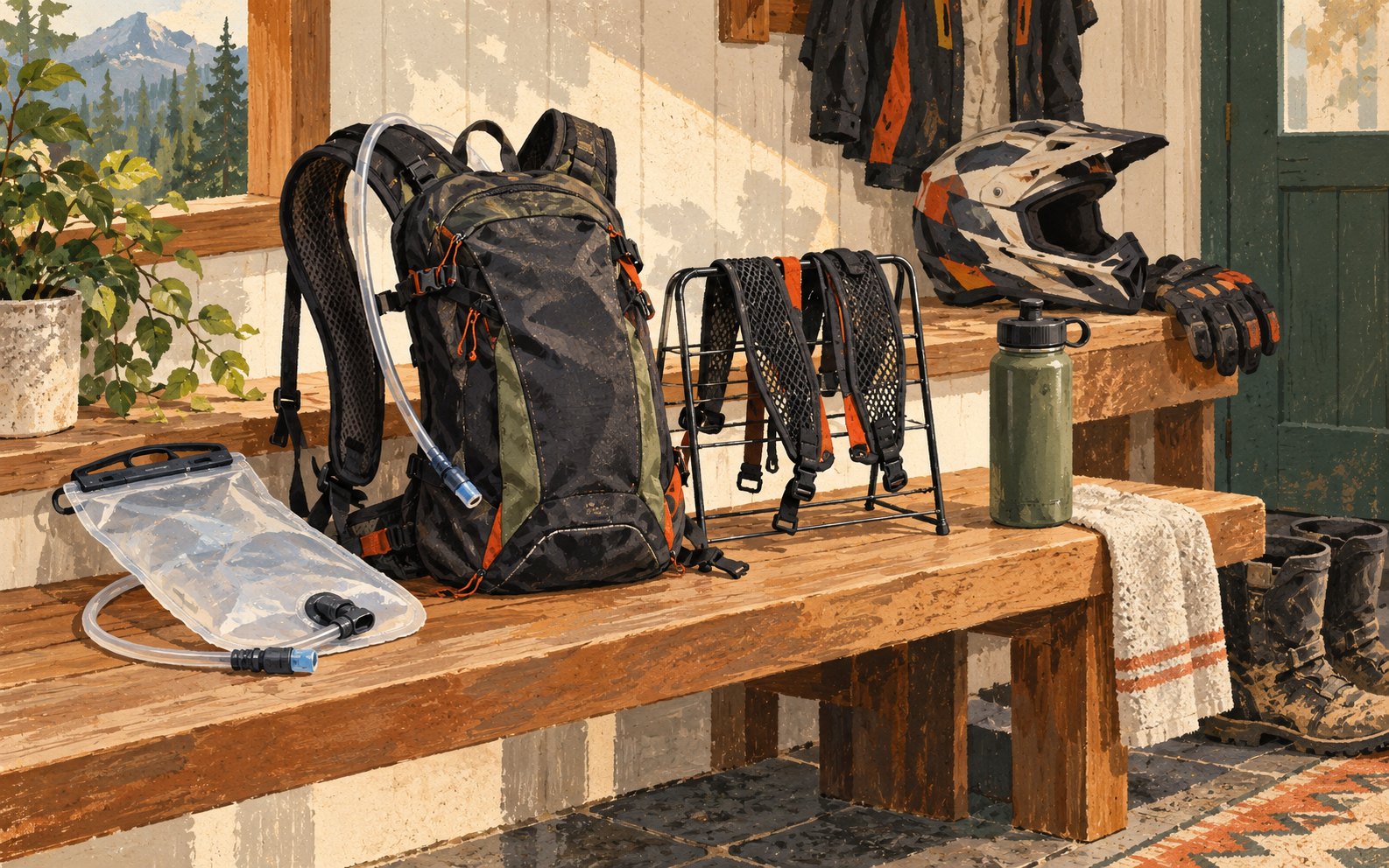 An illustrated hydration backpack, separate reservoir, drying rack and water bottle sit on a clean bench.