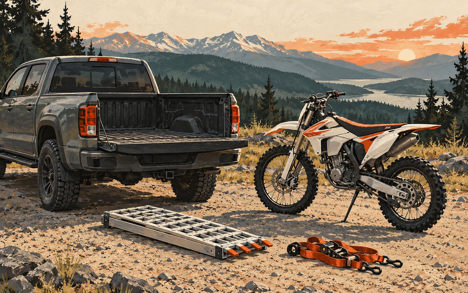 An illustrated parked pickup and dirt bike stand beside a separate folded ramp and bundled straps.