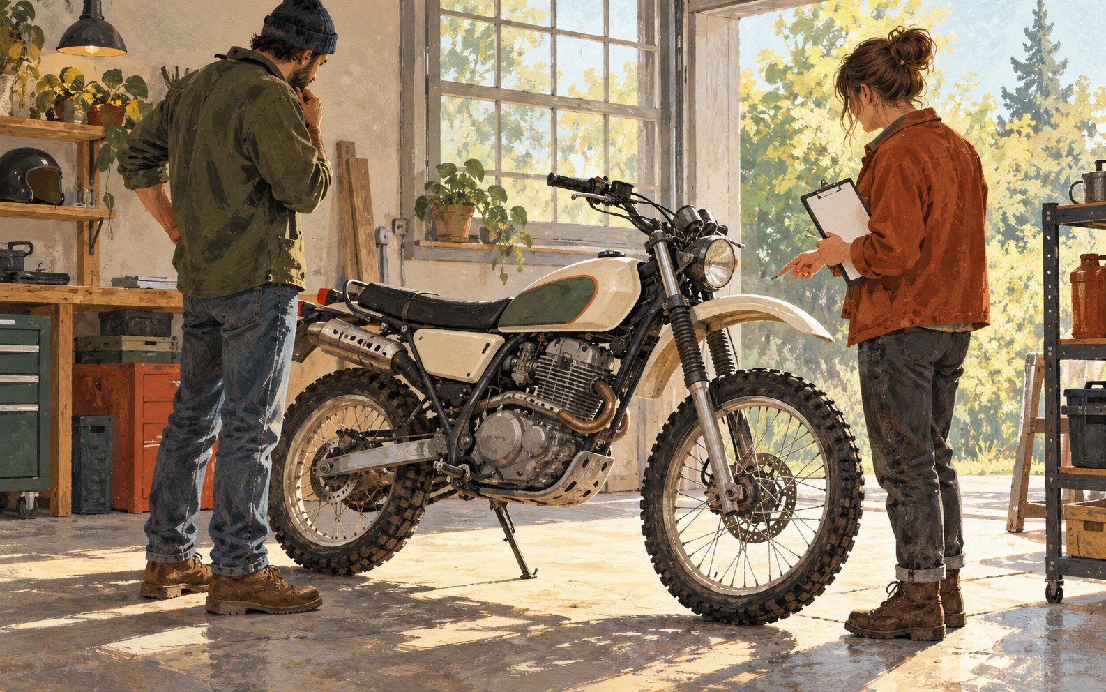 Two illustrated adult buyers discuss a stationary used trail motorcycle and a clipboard in a garage.