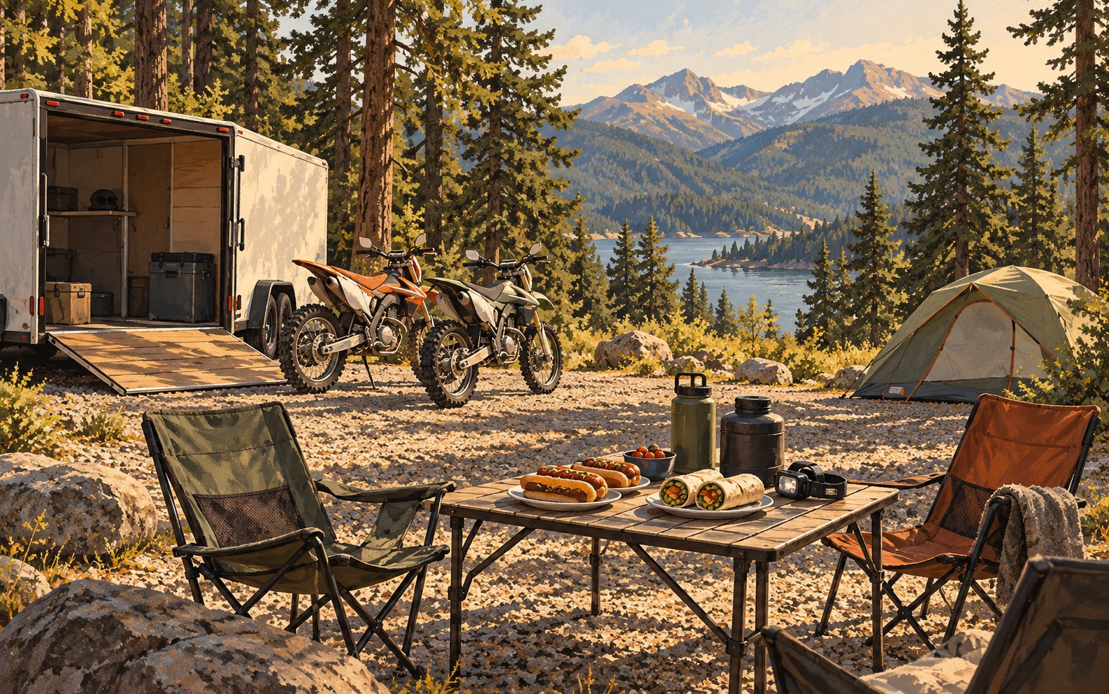 Illustrated dirt bikes parked beside a toy-hauler and tent, with camp chairs and an easy meal on a folding table.