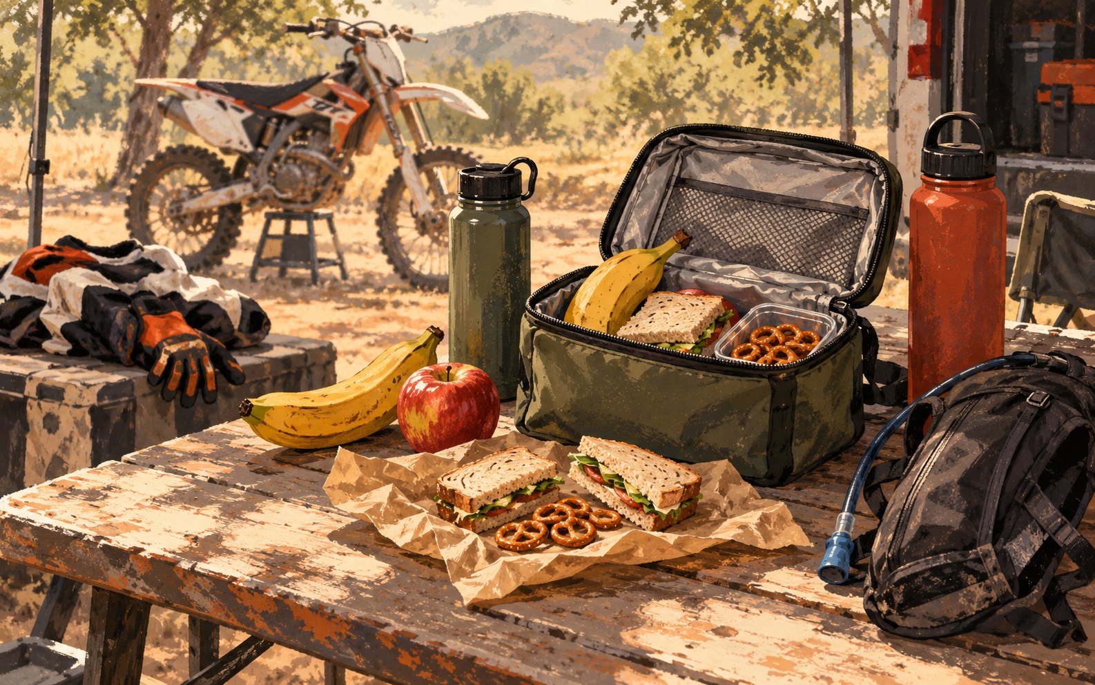Illustrated riding-day snacks and water bottles on a paddock table with a parked dirt bike behind them.