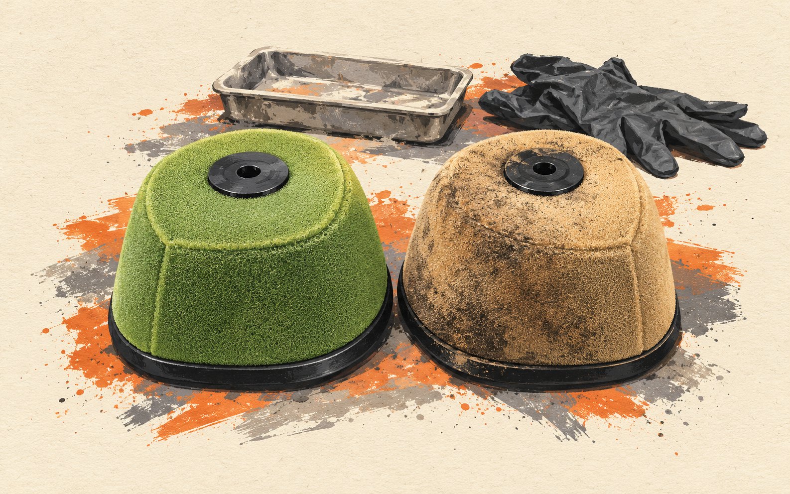 Illustration of clean and dusty generic foam motorcycle air filters with a plain tray and gloves behind them.