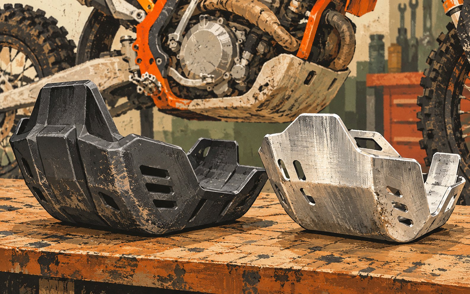 Illustration of generic molded and metal motorcycle skid plates on a workshop bench with an unbranded dirt bike behind.