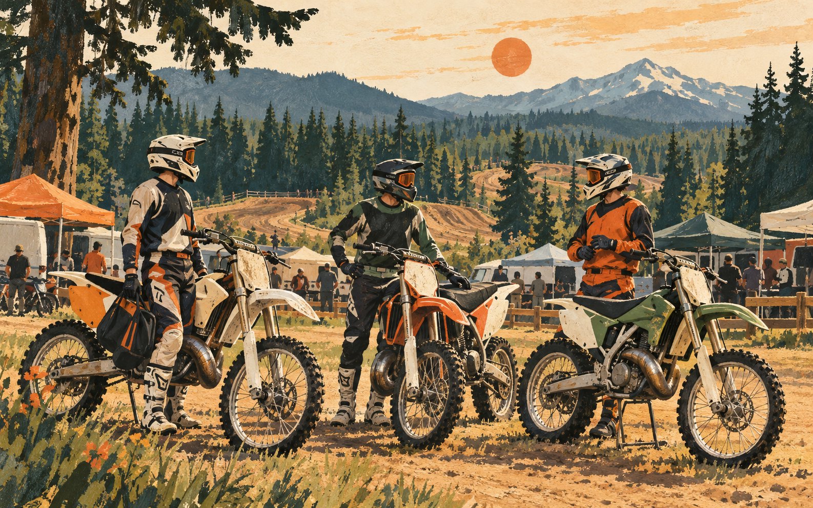 Three fully helmeted adults gather beside parked unbranded two-stroke-style motorcycles near a conceptual forest circuit.