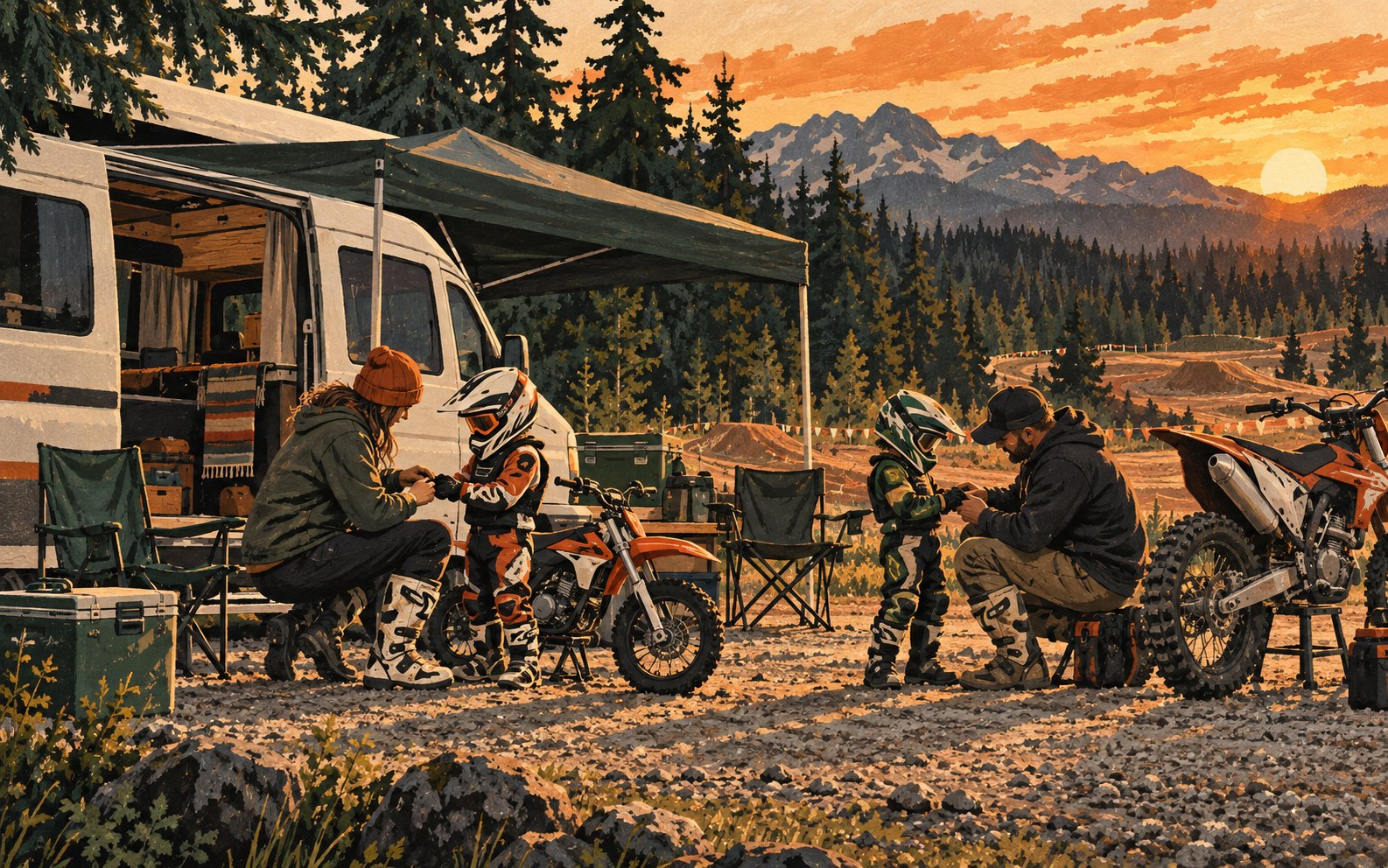 Two adults help fully helmeted young riders beside parked minibikes at a conceptual gravel race campsite.