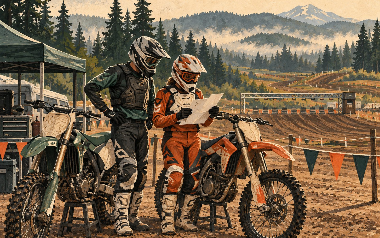 Two fully geared motocross riders study a blank race program beside parked bikes in a conceptual PNW paddock.