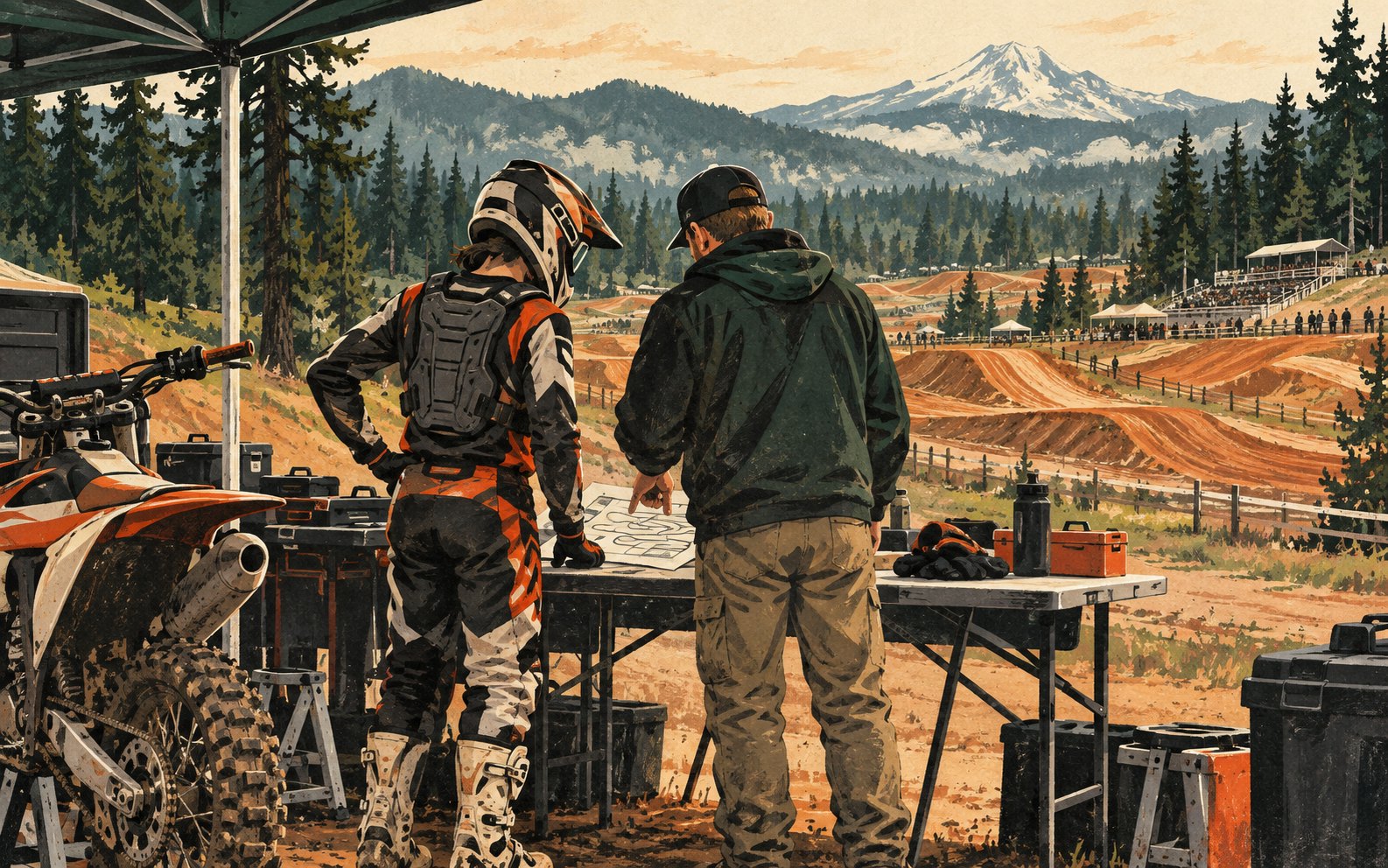 A fully geared rider and adult mentor review an unlabelled entry sheet beside a parked motorcycle at a conceptual paddock.