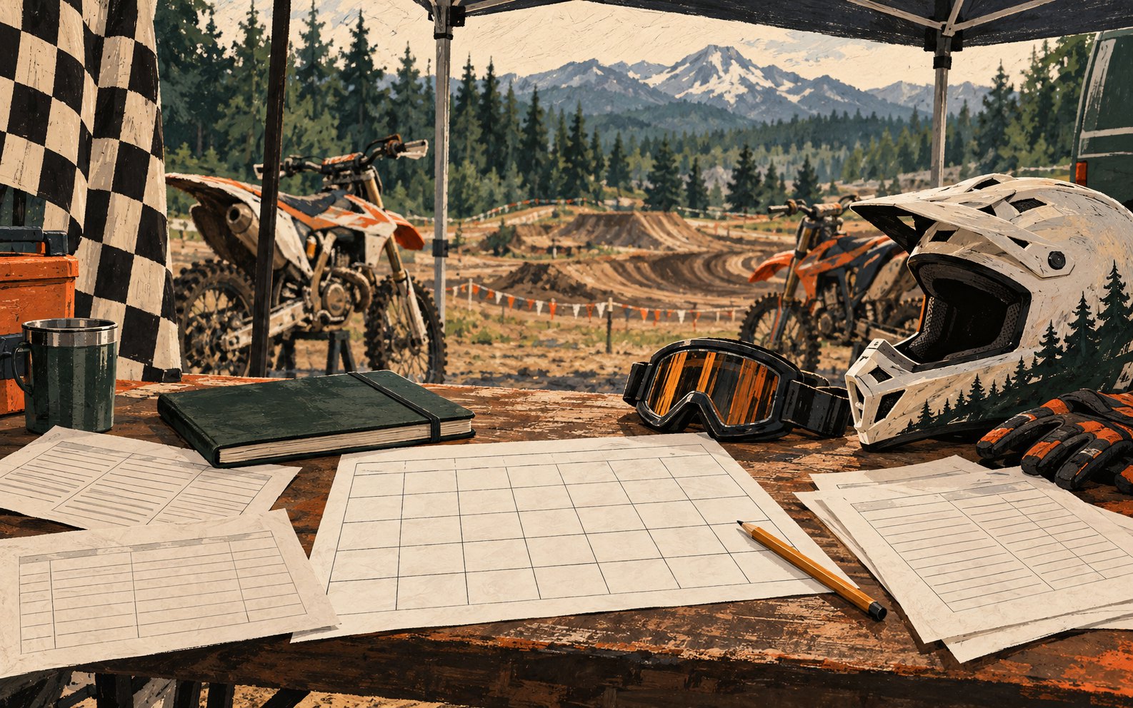A blank calendar, notebook and riding equipment sit beneath a canopy overlooking a conceptual motocross circuit.