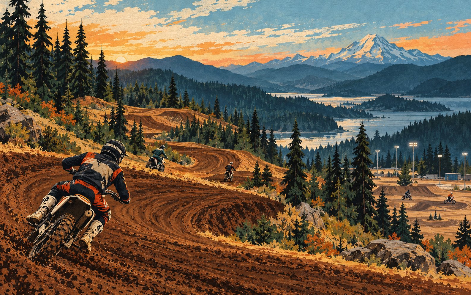 A conceptual motocross landscape combines evergreen hills, dirt berms and a separate lighted practice setting.