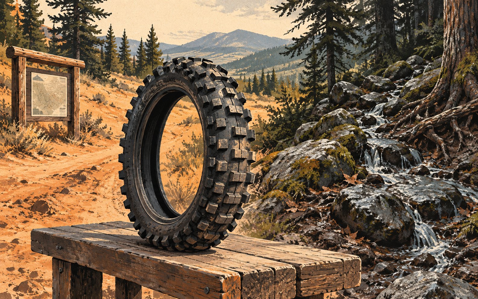 An illustrated unbranded enduro tire on a trailhead bench between dry earth and damp rocks.