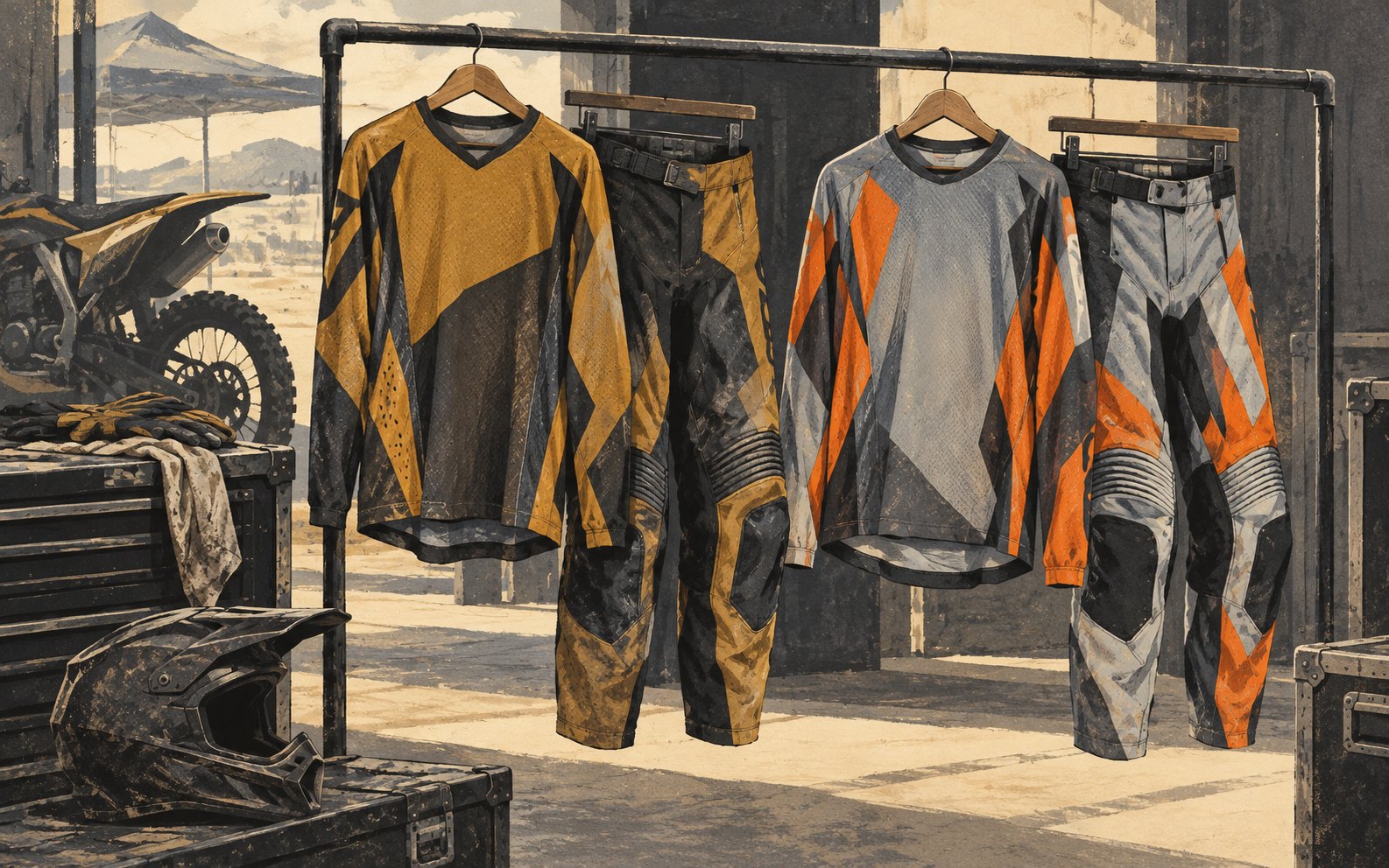 Two illustrated unbranded motocross jersey-and-pant outfits hang on a workshop rail.