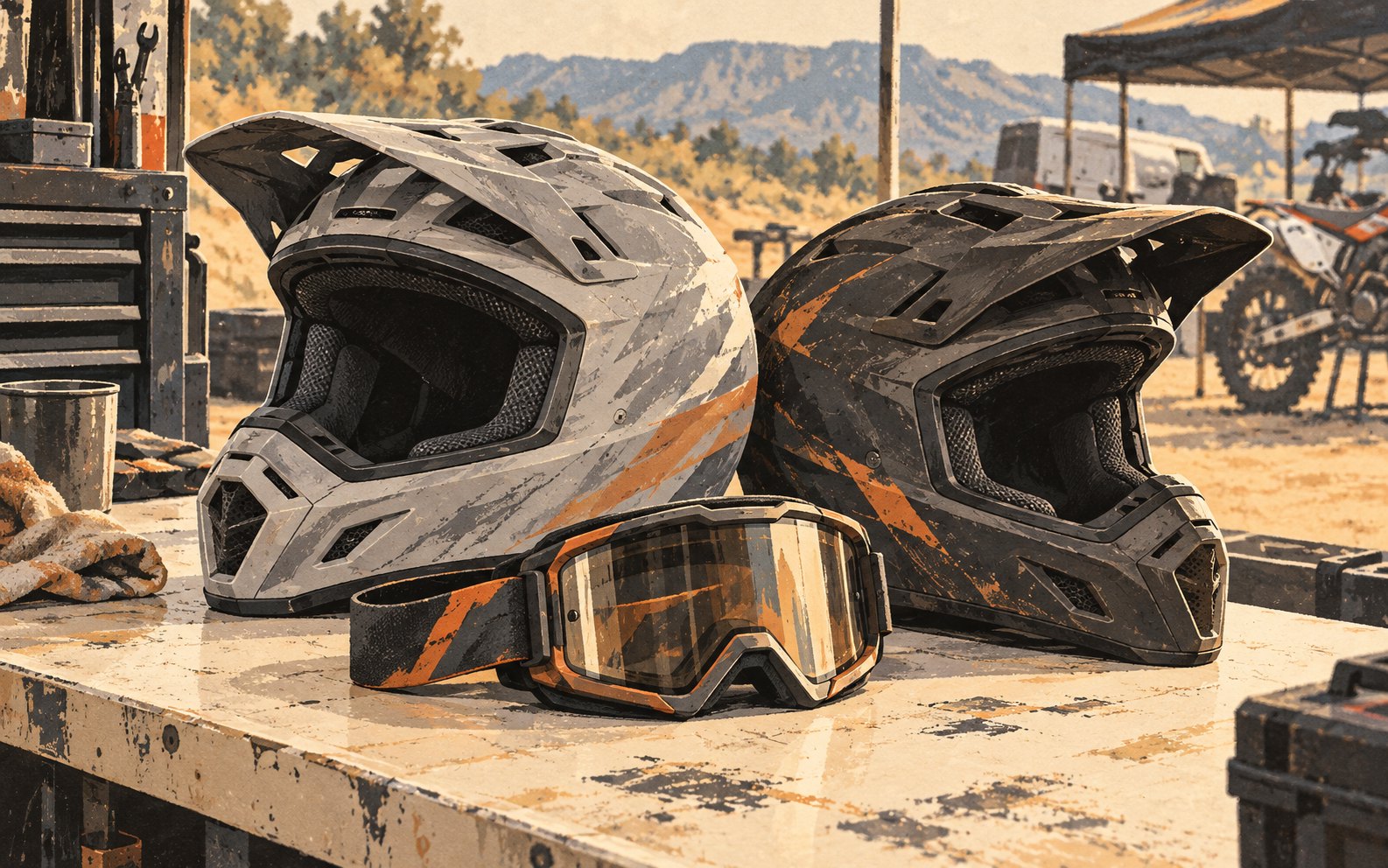 Two illustrated unbranded motocross helmets and off-road goggles on a paddock workbench.