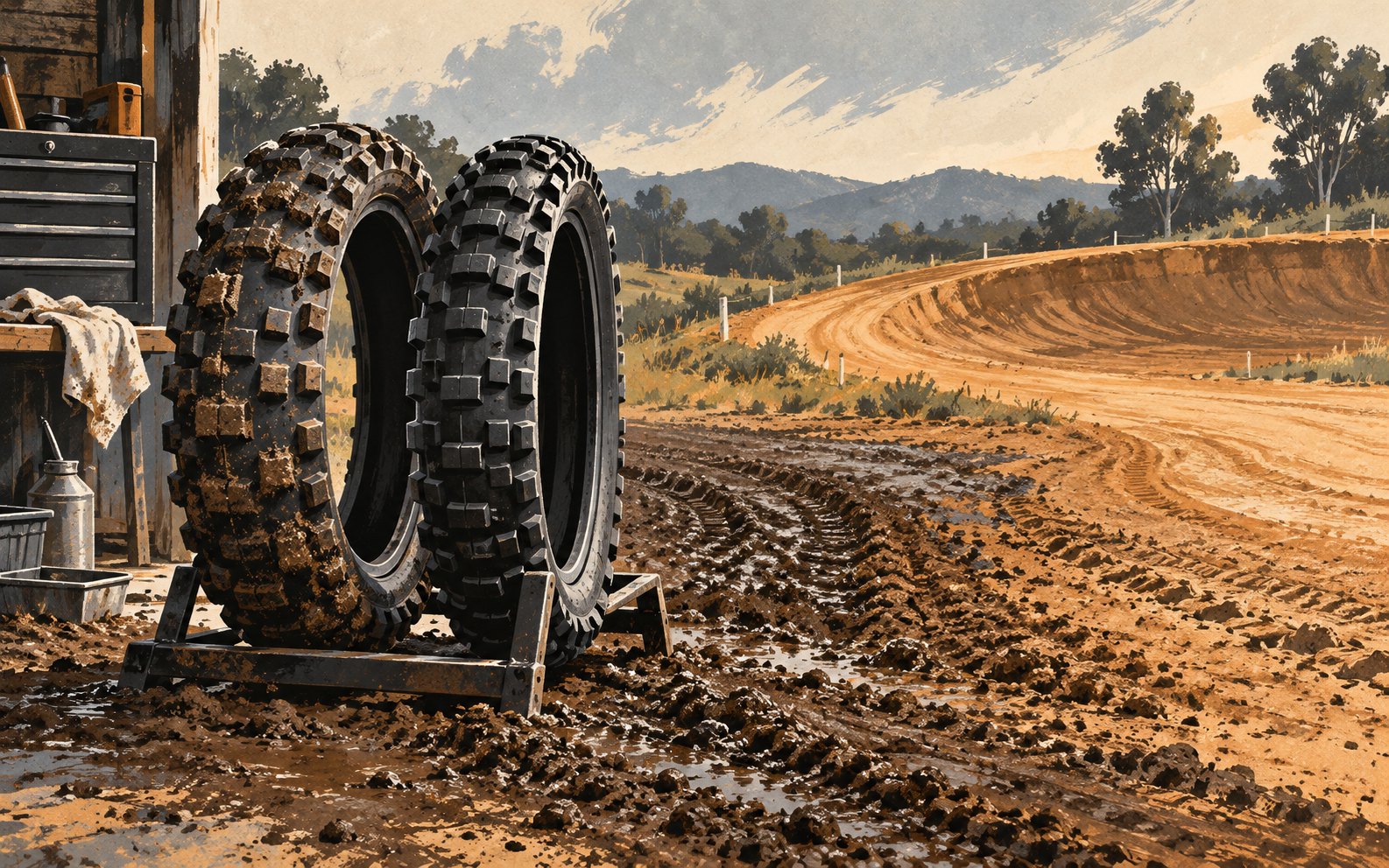 Two illustrated unbranded knobby tires beside a motocross track with damp and dry soil.