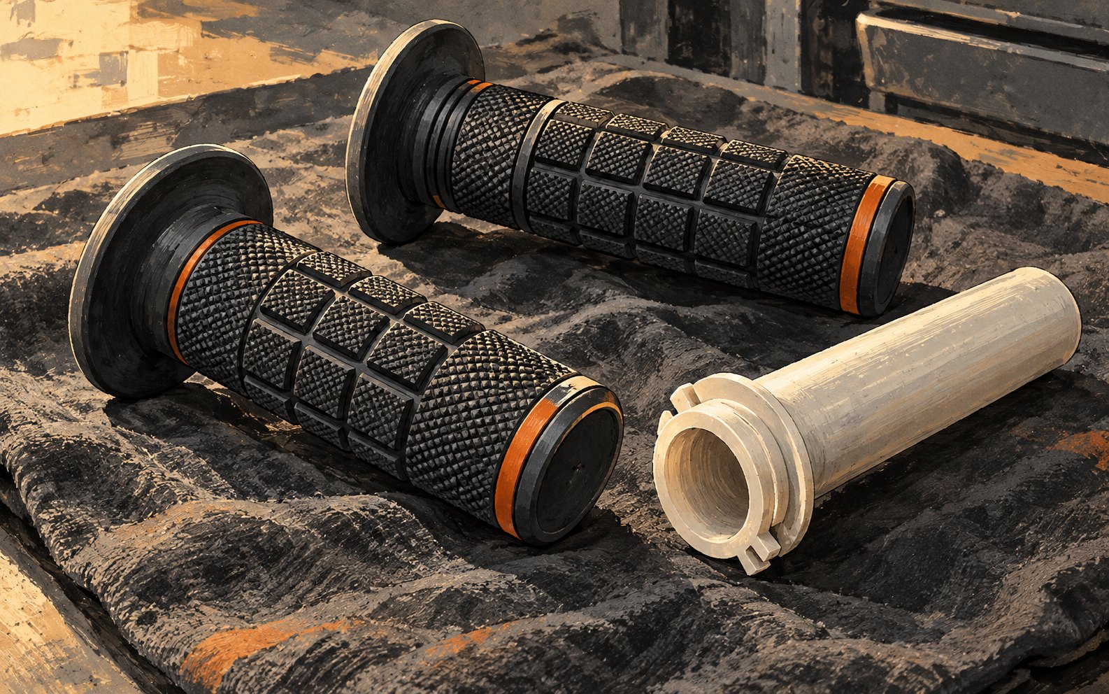 Illustrated generic off-road grips and a separate throttle tube on workshop cloth.