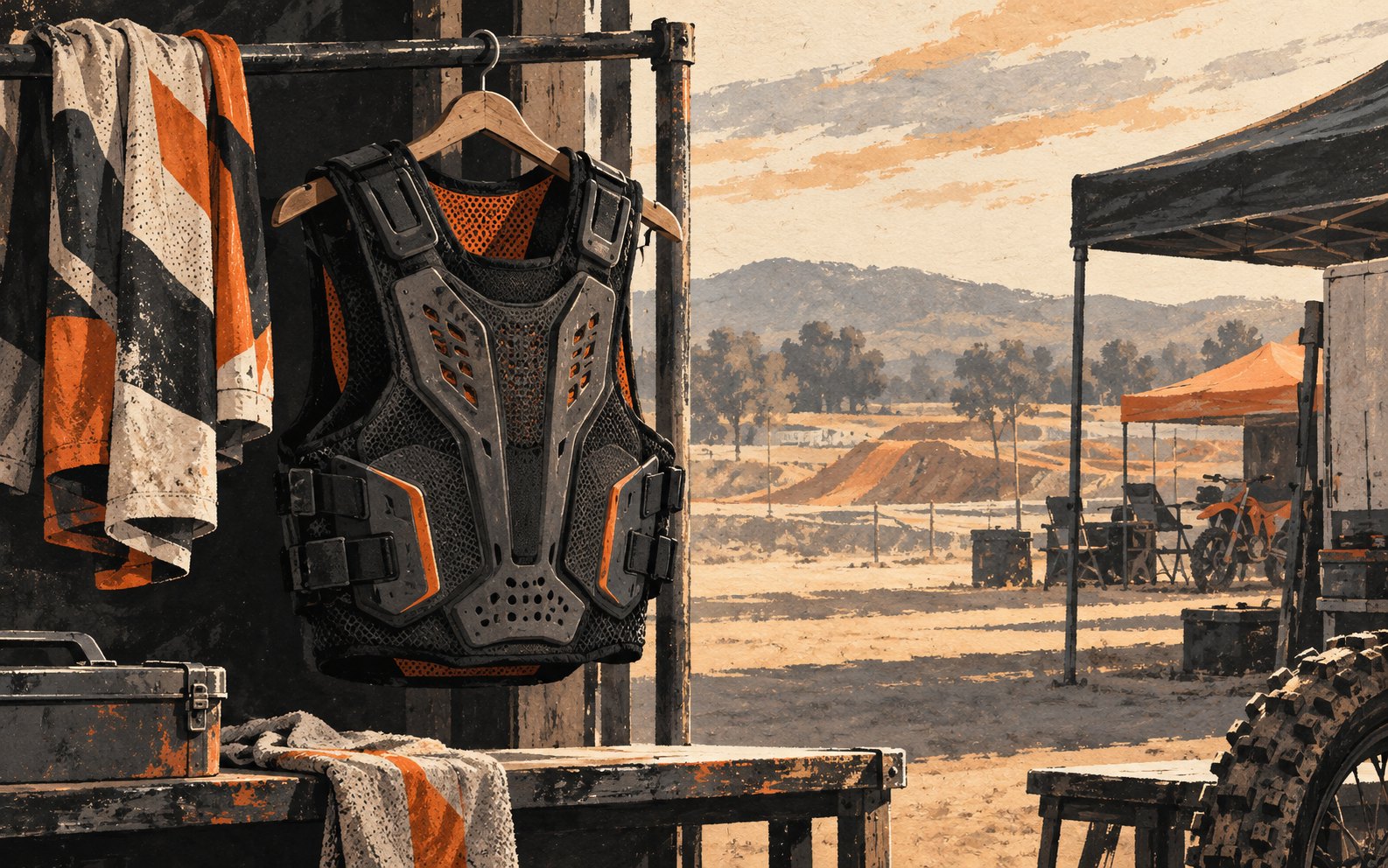 An illustrated generic protective vest hangs beside a jersey in a motocross paddock.