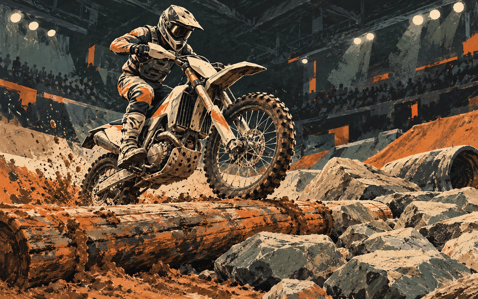 Illustration of an anonymous enduro rider navigating logs and rocks under arena lights.