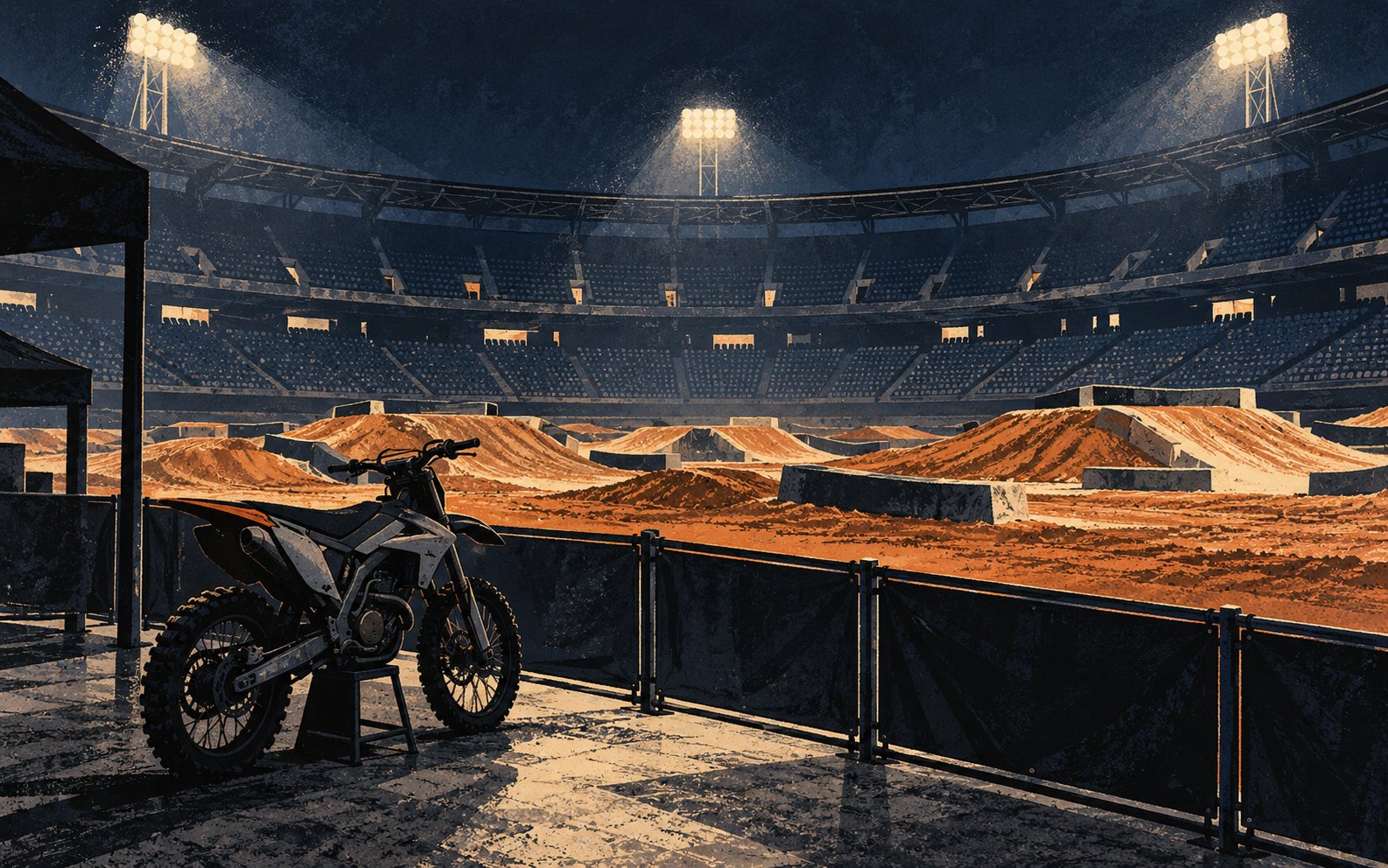 Illustration of an empty supercross stadium under floodlights with an unbranded motorcycle parked behind a barrier.