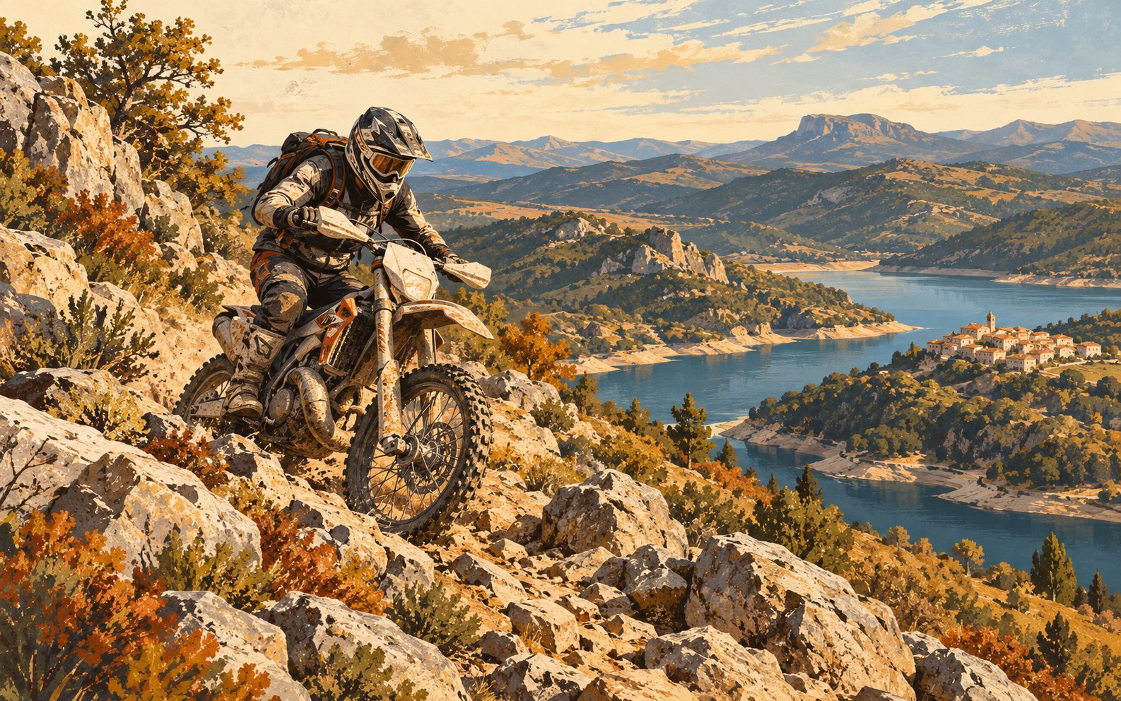 An illustrated protected hard-enduro rider negotiates rocky hillside terrain above a reservoir.