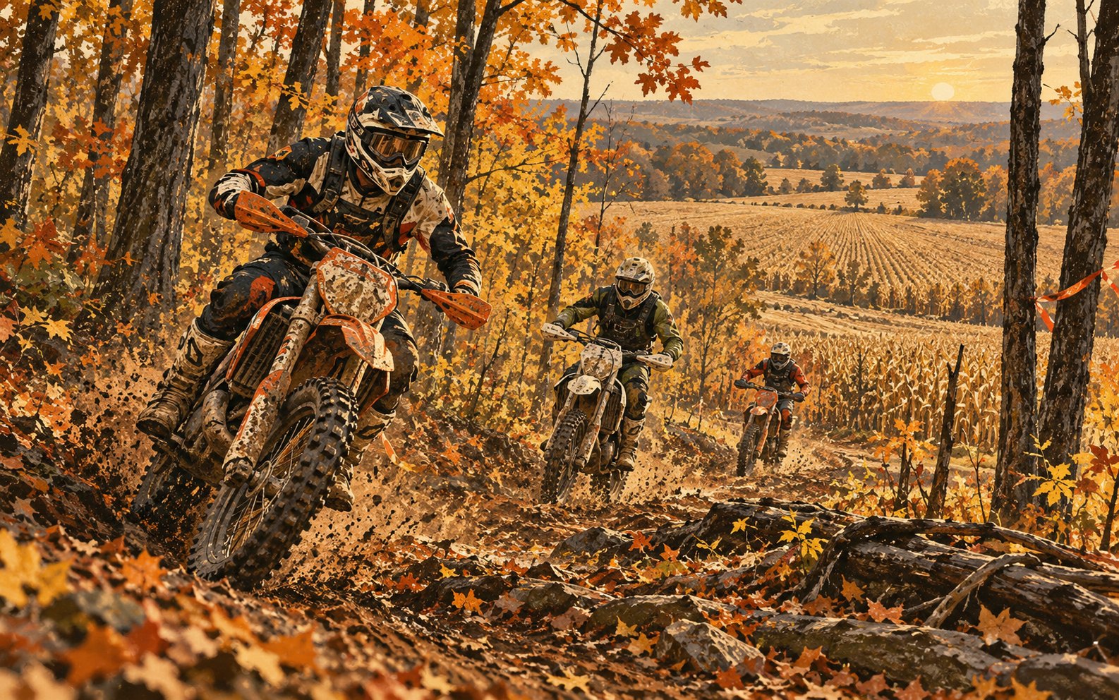 Illustrated helmeted cross-country racers ride an autumn woodland dirt course near a harvested field.