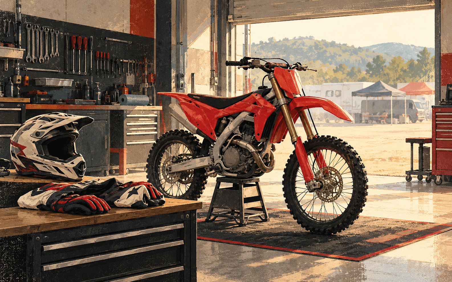 An illustrated unbranded red motocross motorcycle stands in a clean racing workshop beside riding equipment.