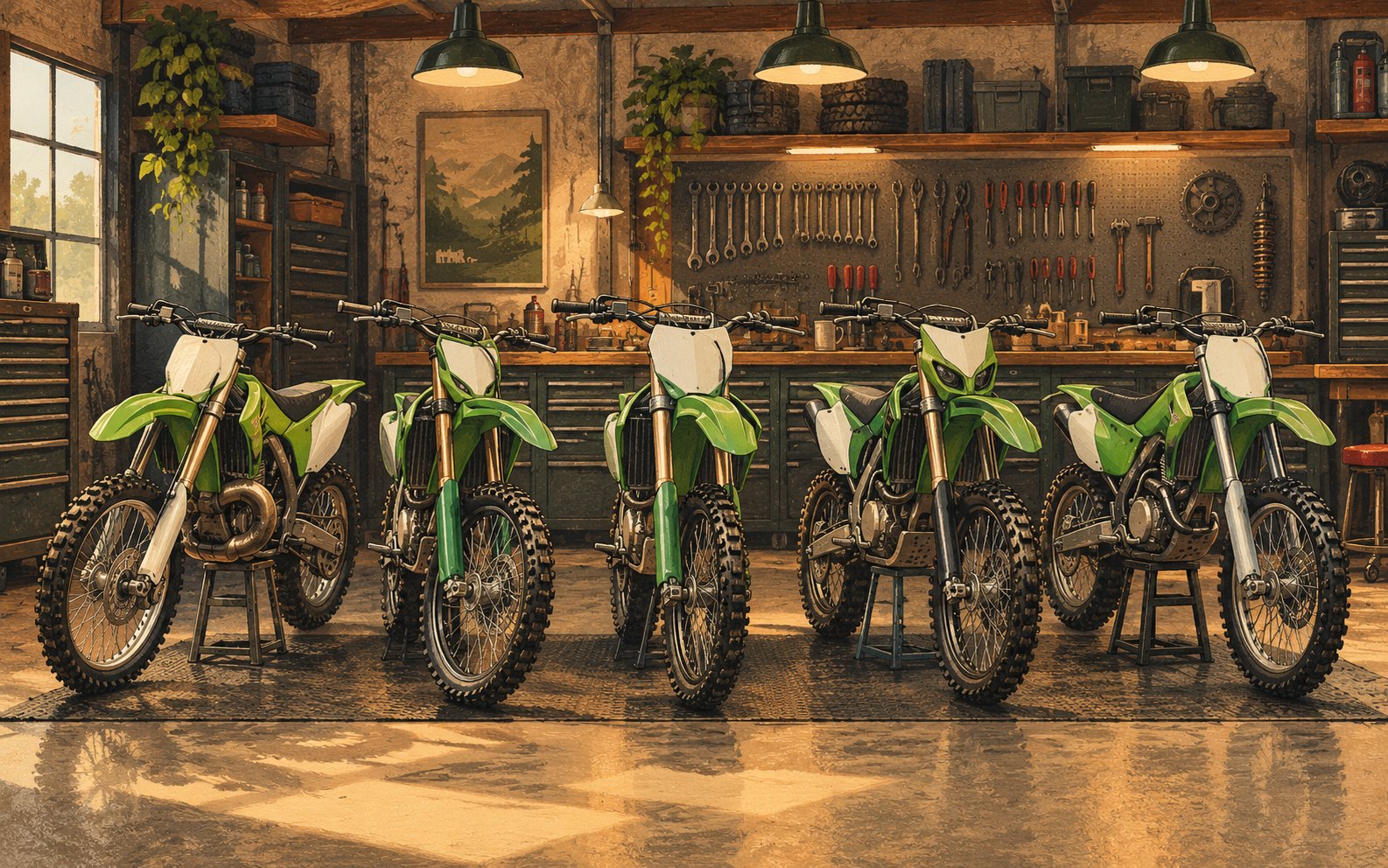 Five illustrated unbranded green motocross motorcycles are lined up inside a professional workshop.