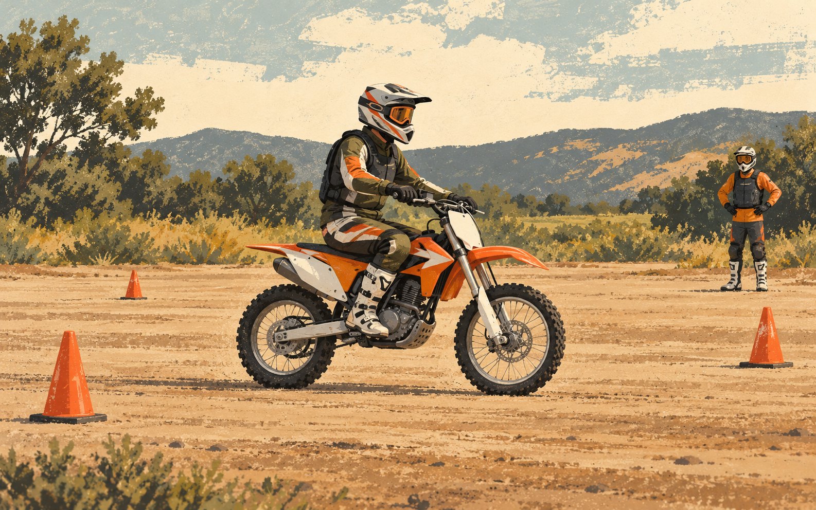 Illustration of a protected adult beginner on a dirt bike in a level practice area, with a coach standing well clear.
