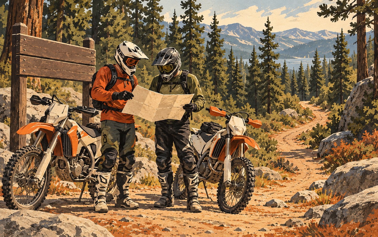 Illustration of two protected dirt-bike riders comparing a paper map beside parked motorcycles at a forest trailhead.