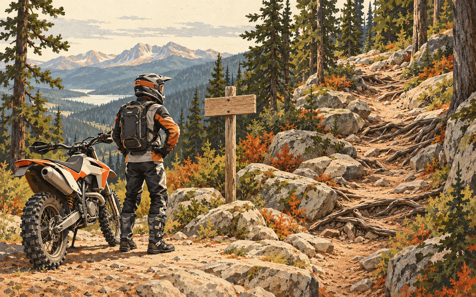 Illustration of a protected motorcyclist beside a parked dirt bike and blank marker, assessing a rocky forest trail.