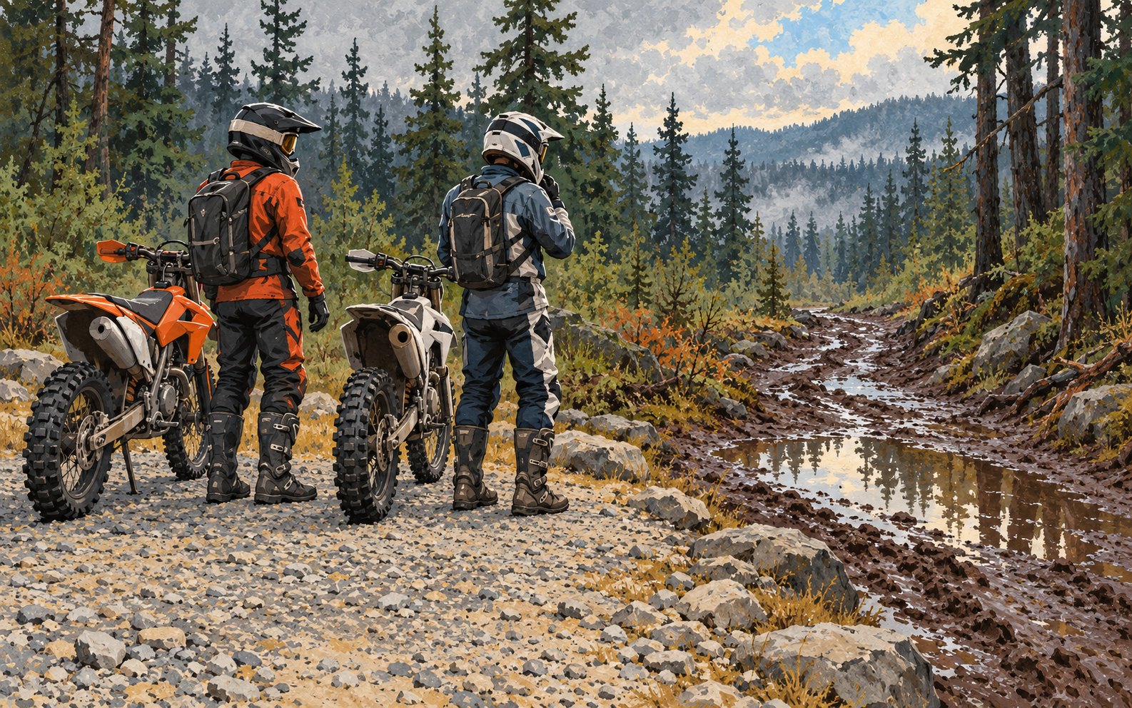 Illustration of two protected dirt-bike riders stopped on firm gravel beside a muddy, rain-soaked forest trail.