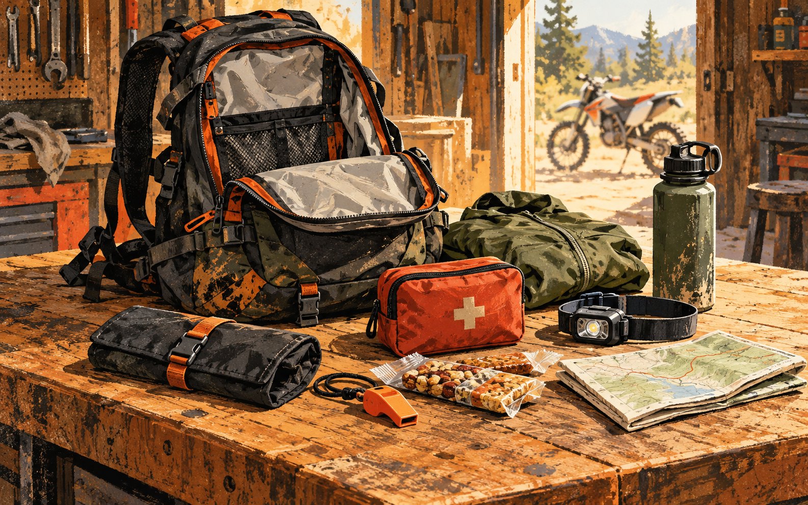 Editorial illustration of an open riding backpack and compact day-ride supplies arranged on a workshop bench.