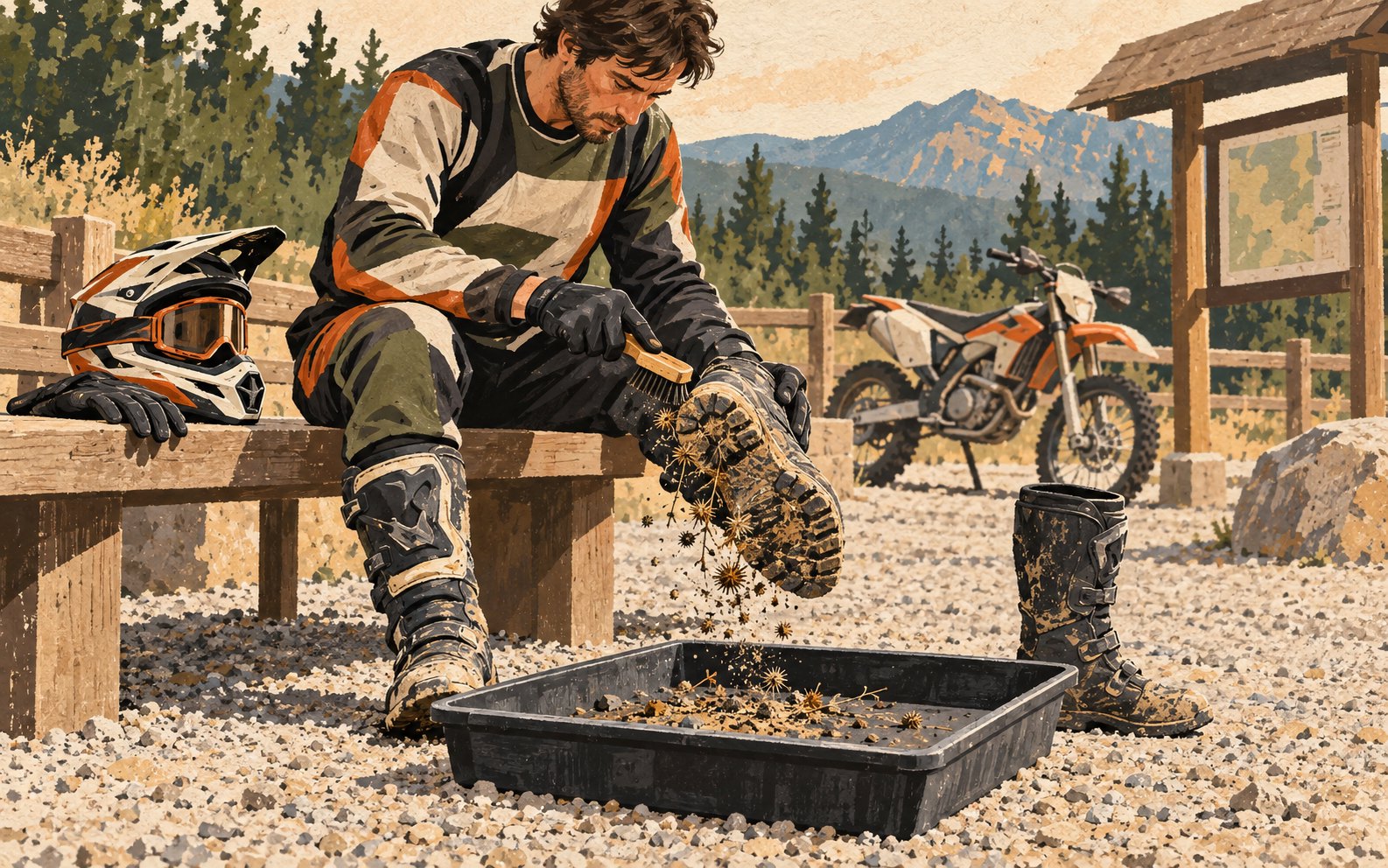 Editorial illustration of a rider brushing dirt from a boot over a tray beside parked off-road equipment.