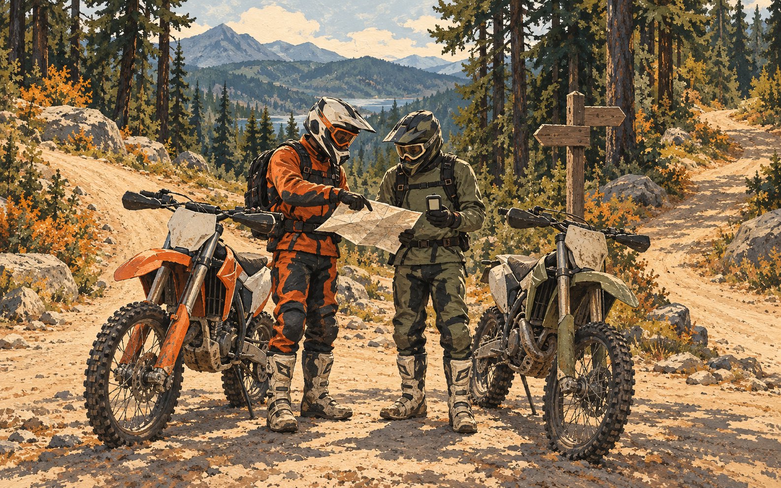 Editorial illustration of two protected riders stopped beside dirt bikes at a forest junction, comparing a paper map and navigation device.