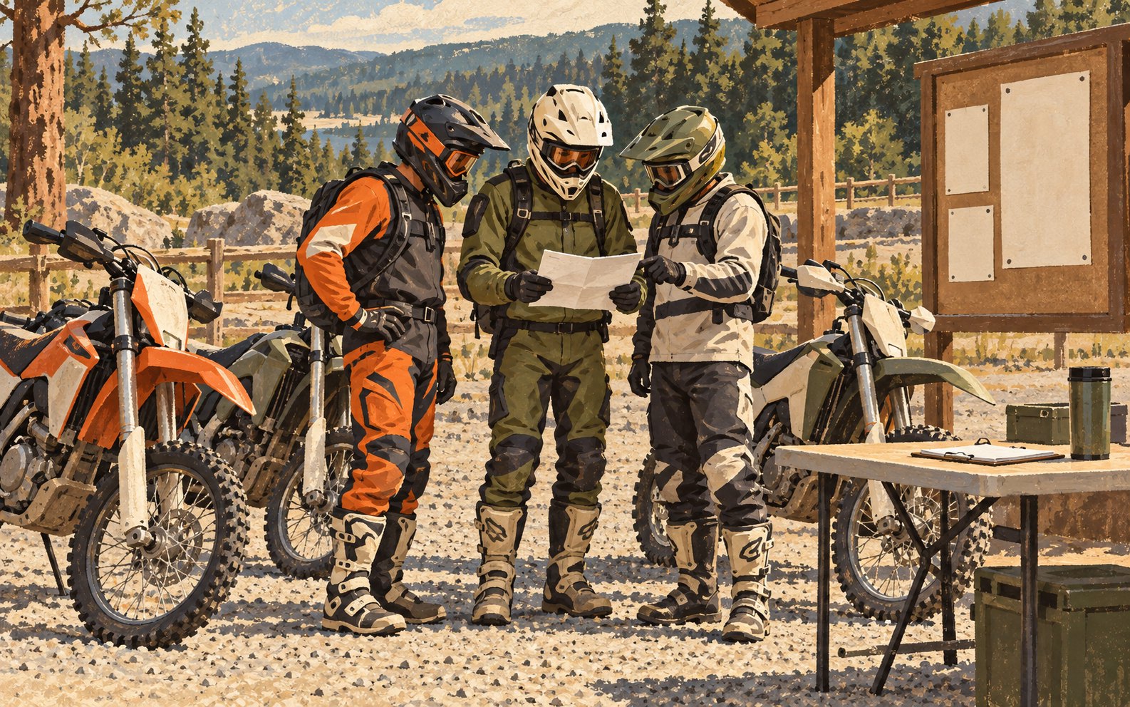 Editorial illustration of protected riders studying a paper information sheet beside parked dirt bikes at a check-in area.