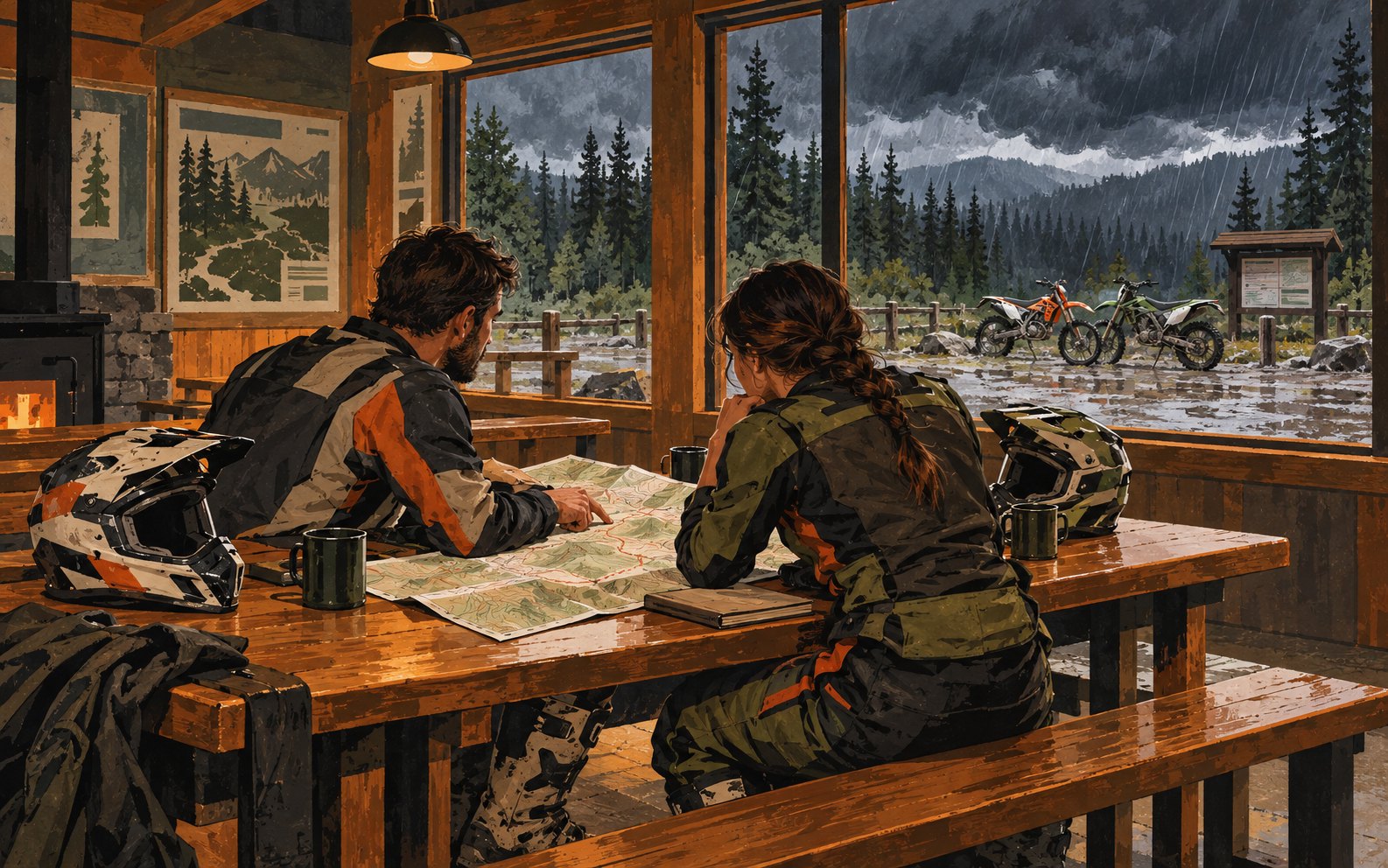 Editorial illustration of riders reviewing a plan inside an enclosed building while parked dirt bikes and storm clouds are visible outside.